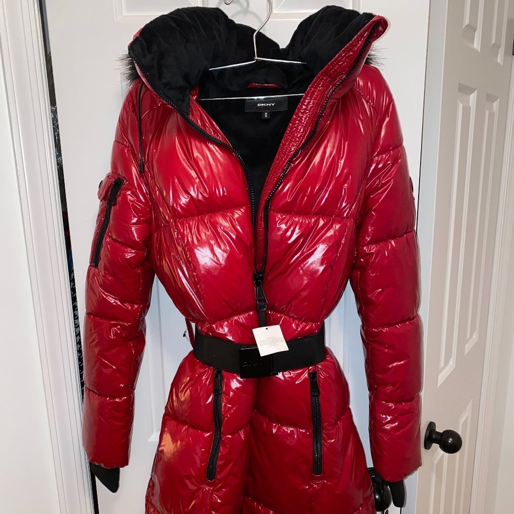 SOLD! DKNY ​Faux Fur Trim Puffer Coat  in HOT Rio Red!  NWT Size M